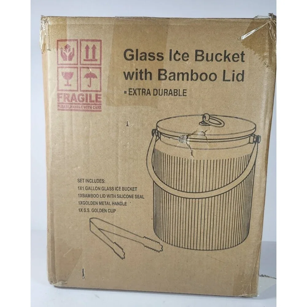 LE'RAZE Glass Ice Bucket with Airtight Bamboo Lid, Ice Tong Scooper and Handle